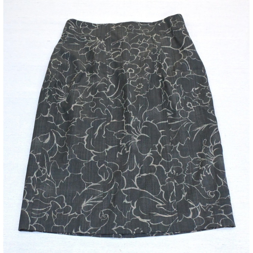 Elie Tahari Womens 10 Grey Glen Check Pencil Skirt Ivory Woven Floral Lined